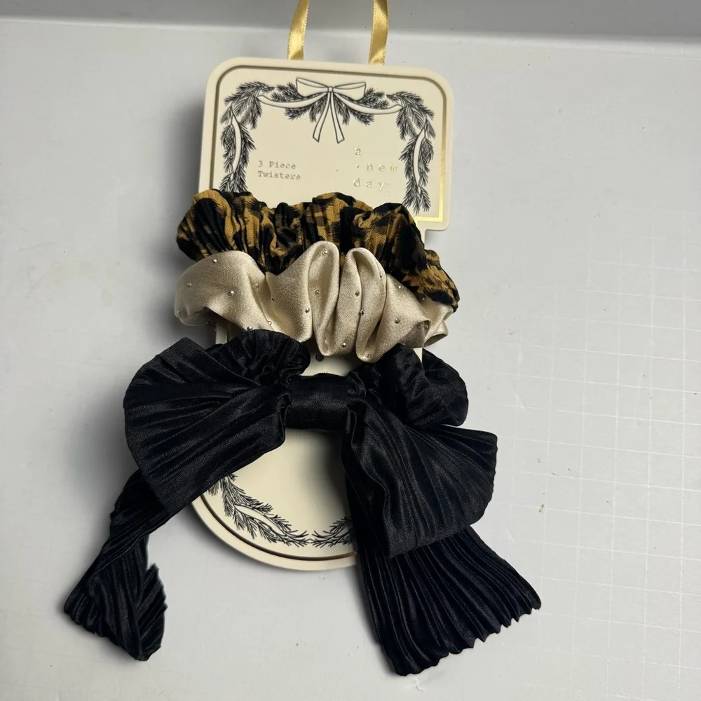 Hair Twister Set 3 pk - A New Day Leopard/Champagne/Black Hair Scrunchie Set